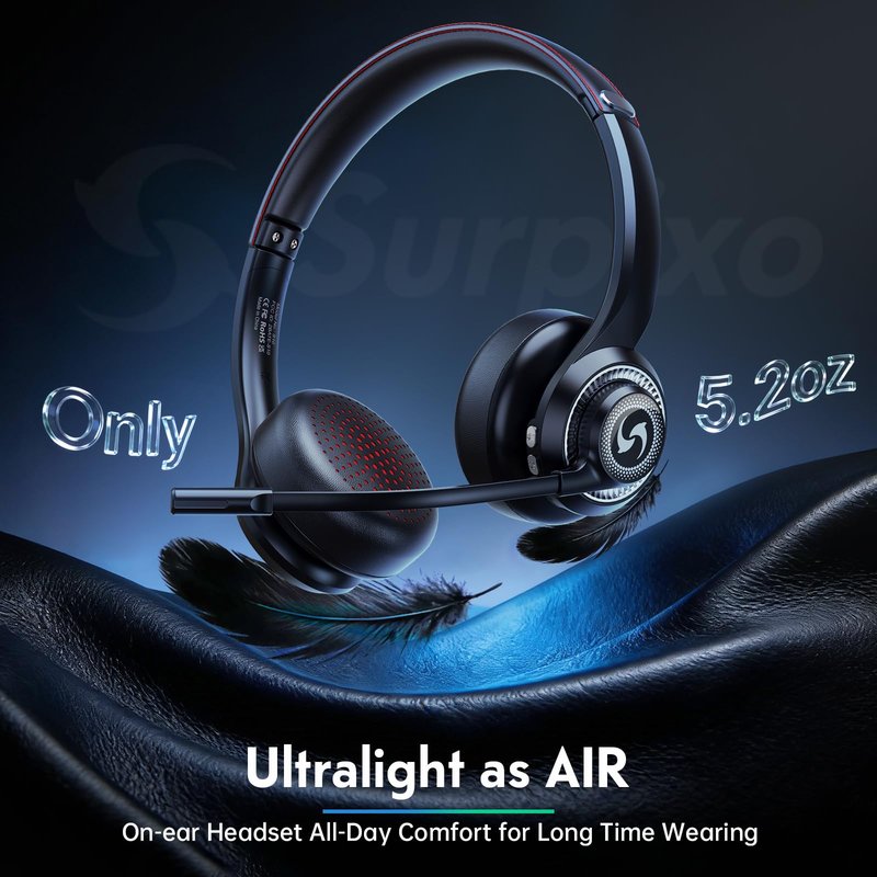 Surpixo Wireless Headset with Mic for Work, Dual-Mode Bluetooth & 2.4GHz Dongle, 50H Talk Time, Headphone with mic ENC Noise Cancelling fit for Computer/Laptop/Teams, Glasses-Friendly- Black