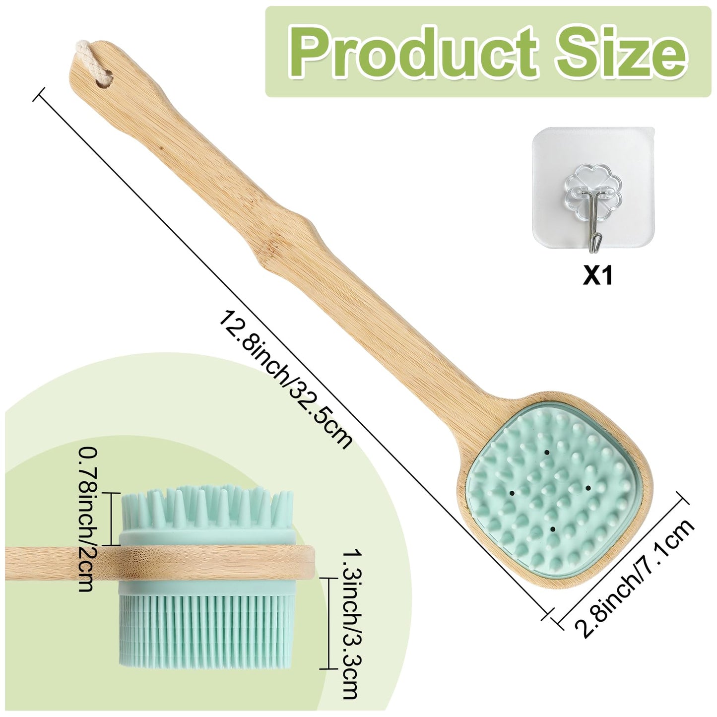 Silicone Back Scrubber for Shower, Silicone Bath Body Brush Loofah with Long Handle, Dual-Sided Shower Brush for Body, Lake Blue Exfoliating Body Scrubber for Men Women, Back Washer for Men with Hook