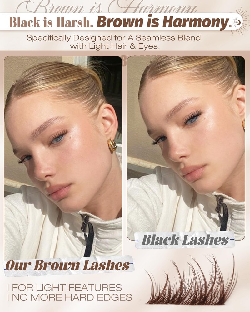 Brown Lash Clusters 8-10-12MM Short Wispy Eyelash Extensions with Natural C Curl and Flexible Clear Band 144Pcs Pestañas Postizas Marrón, Easy Application, For Blondes and Redheads