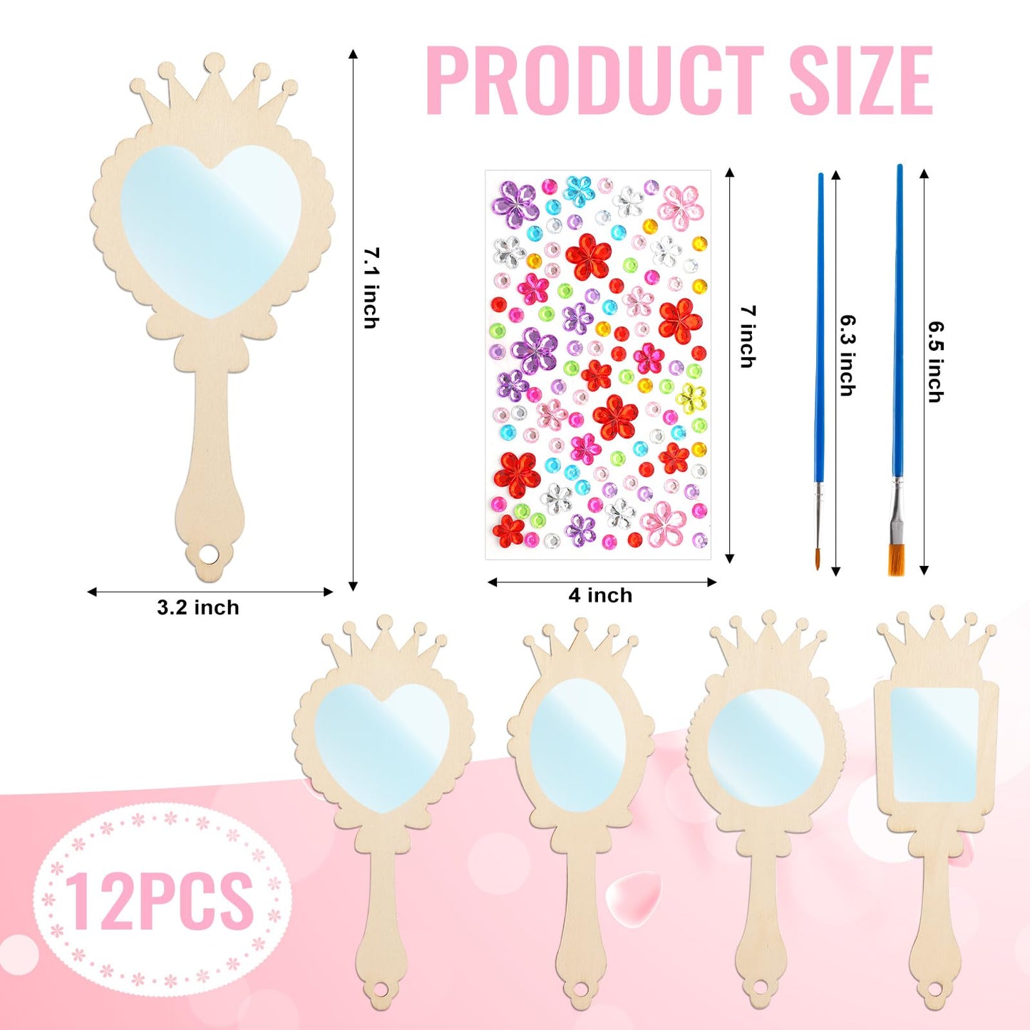 XJWWHZ 12 Pack Wooden Mirror Craft for Kids, DIY Princess Mirrors for Girls, Paint Wooden Hand Mirror for Art Activities