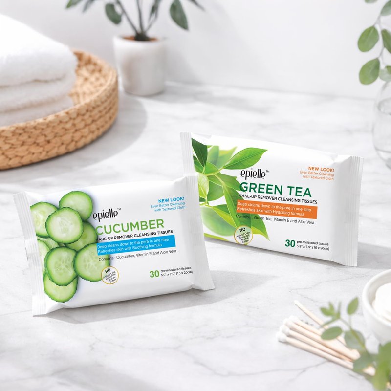 Epielle Makeup Remover Wipes - Gentle Facial Cleanser Towelettes with Collagen & Aloe Vera | 30 Count (Pack of 6)