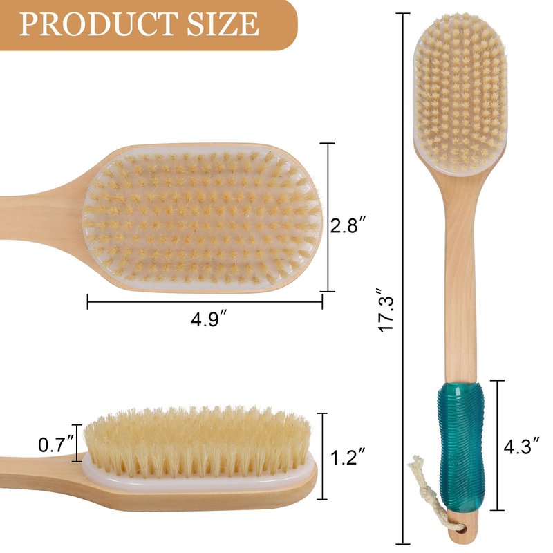 OWIIZI Back Scrubber for Shower Large Surface Body Scrub Brush Stiff Boar Bristles Wooden Curved Long Handle Antiskid Bath Brush for Wet or Dry Brushing