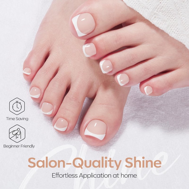 Modelones Press on Toenails Short, Nude French Tip Toe Nails Square, Reusable Nail Kit with Nail Glue Adhesive Tabs Mini Nail File, Toe Nails 36Pcs 18Sizes, Summer Spring Women Girl Gift