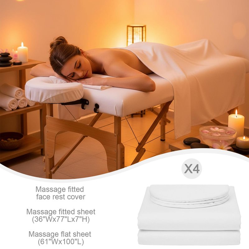 Oudain 4 Sets 3 Piece Soft Microfiber Massage Table Sheets Set Bulk Includes Massage Flat Sheet and Fitted Sheet and Face Rest Cover(White)