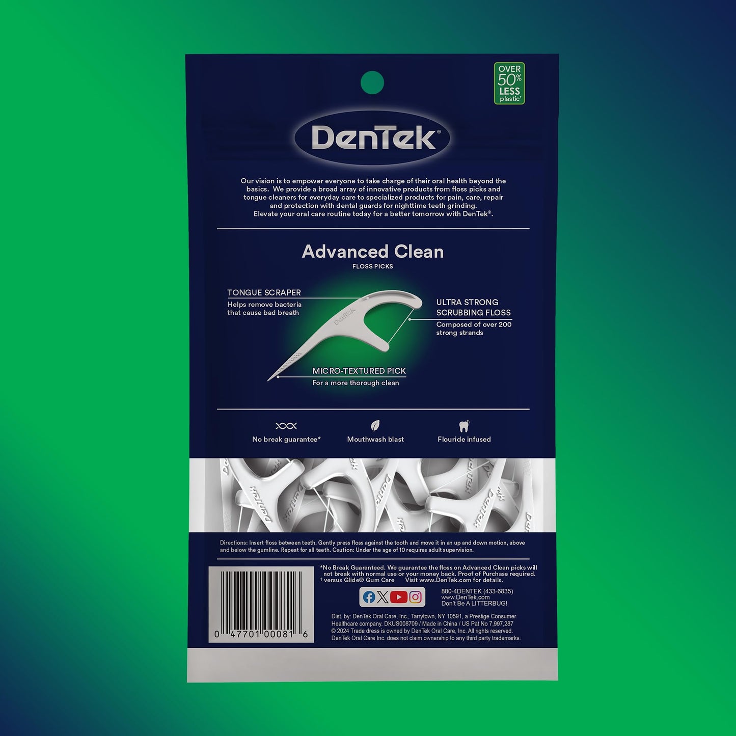 DenTek Advanced Clean Floss Picks with No Break & No Shred Dental Floss, Plaque Remover, 90 Count