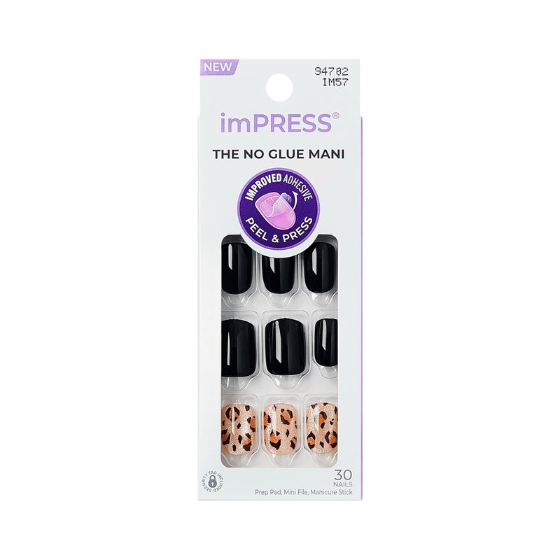 Kiss Impress No Glue Mani Press On Nails, Design, 'Romantique', Black, Short Size, Squoval Shape, Includes 30 Nails, Prep Pad, Instructions Sheet, 1 Manicure Stick, 1 Mini File
