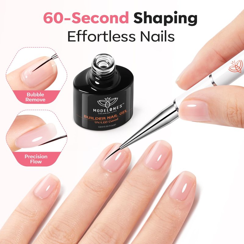 modelones Builder Nail Gel, Clear Builder Nail Polish 7-in-One with Detachable Liner Nail Brush LED Lamp Cured Strengthener Color Rubber Base Coat for Apex Building Extension Thickening 10ml