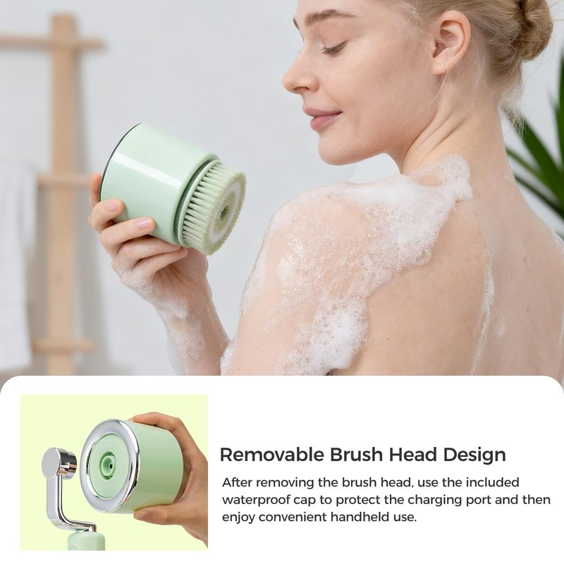 Mesiiloly Electric Body Bath Brush for Shower, Rechargeable Body Brush with Detachable Long Handle and 5 Heads, 3 Speeds Bath Brush for Skin Care, Basic Cleaning and Massage (Sliver)