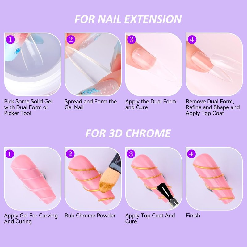 3D Gel Nail Art Starter Kit - Clear & White Sculpting Gel with Chrome Powder | Non-Sticky Molding & Carving Glue