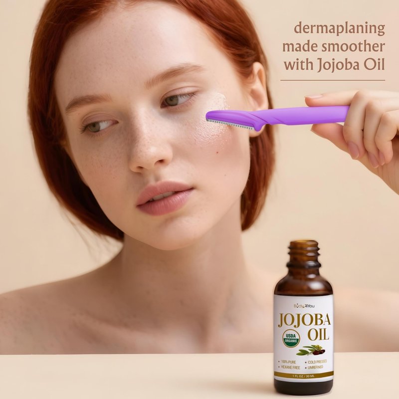 BodyJ4You Organic Jojoba Oil 6PC Dermaplane Razors for Women Face - USDA Organic 100% Pure Natural - Face Razor Eyebrow Hair Trimmer Men Facial Hair Shaver - Unrefined Cold Pressed Skin Care - 1 Fl Oz