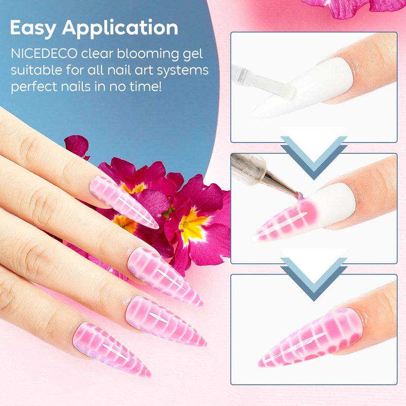 Nicedeco Hema Free Nail Blooming Gel 15ml Cruelty Free Vegan Clear Blossom Gel Polish for Spreading Effect Marble Watercolor Floral Print for DIY Nail Art