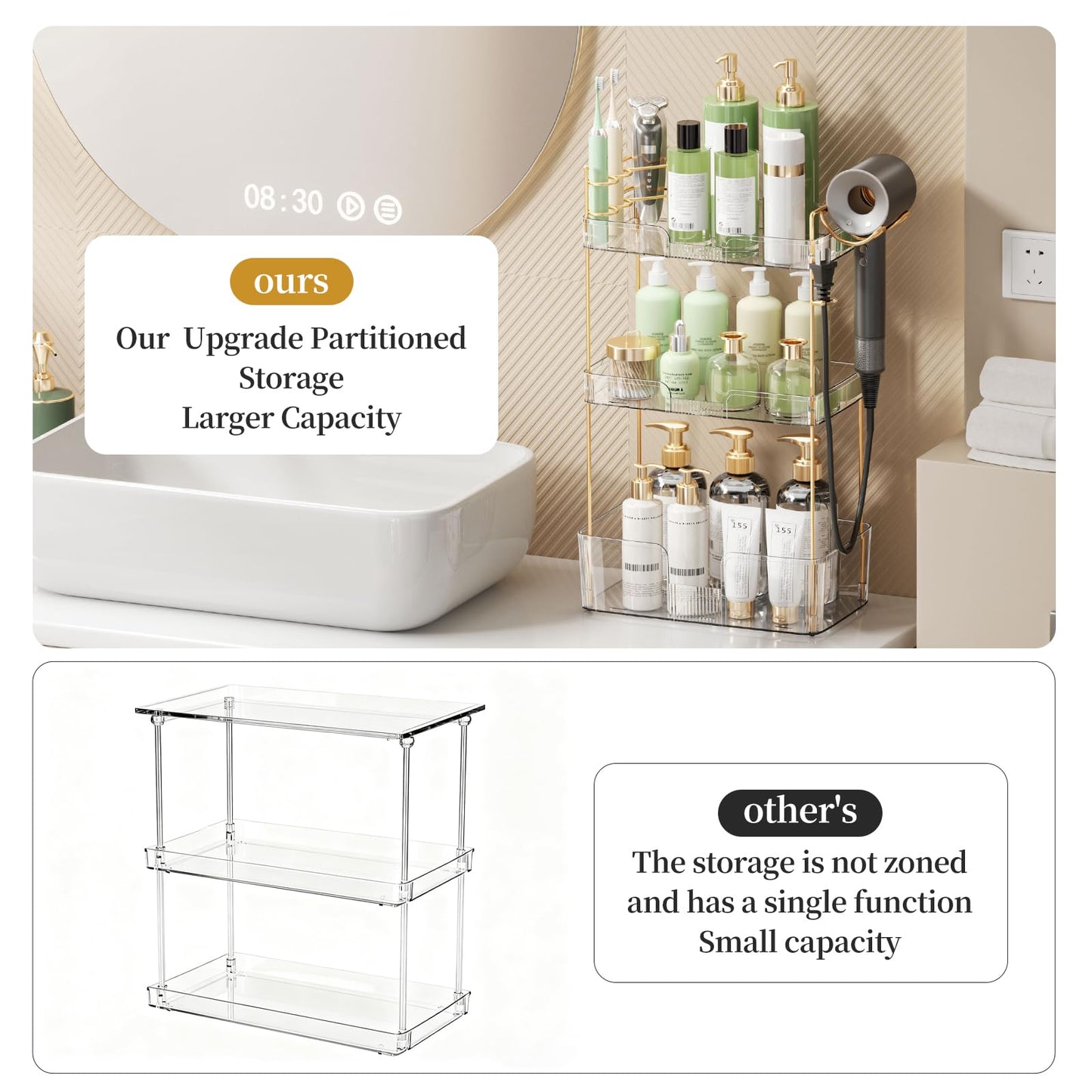 Weidace Bathroom Counter Organizer for Vanity, Makeup Organizer Countertop with Holder, Large Capacity Storage Rack, Perfect Large Skincare, Hair Care, Perfume, Easy to Install (Clear, 3Tiers)