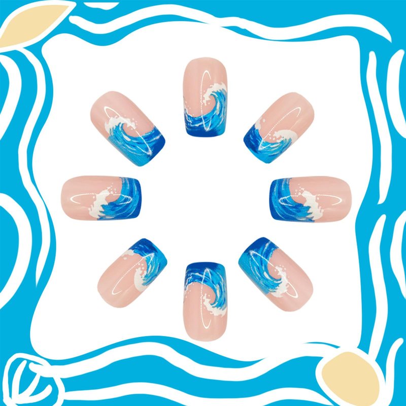Blue Ocean Press on Nails Medium Square Fake Nails French Tip False Nails with Summer Waves Designs Glossy Full Cover Stick on Nail Reusable Artificial Nails for Women Beach Vacation