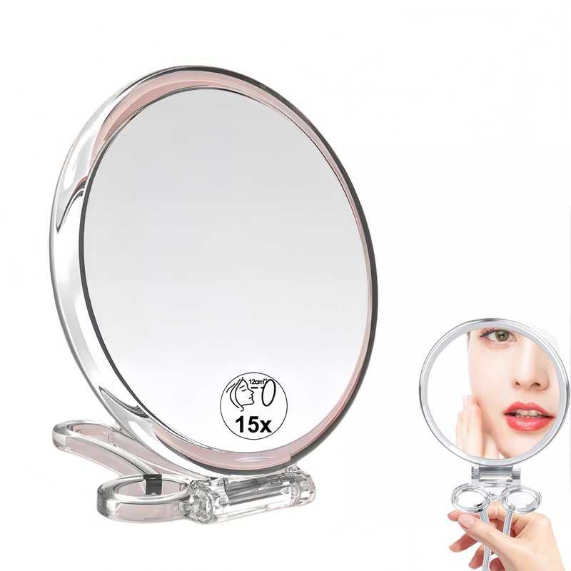 Double-Sided Magnifying Handheld Mirror, 1X & 15X Magnification, Folding Travel Makeup Mirror with Adjustable Rotation, Portable Vanity Desk & Hand Mirror