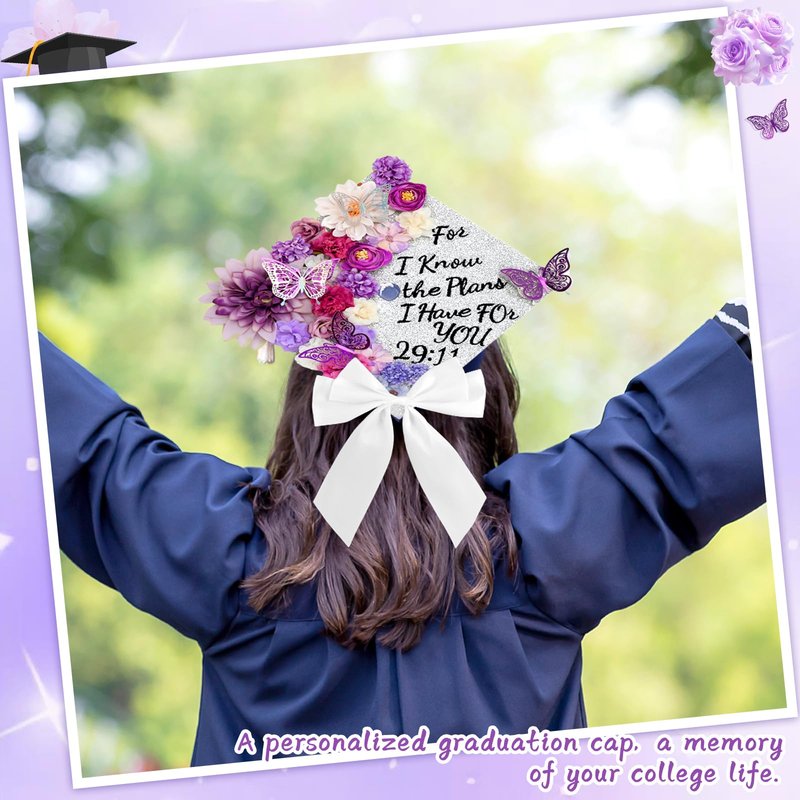 55 Pcs Purple DIY Graduation Cap Decorations Faux Assorted Flowers purple Bows 3D Butterfly Stickers Glitter Alphabet Letter Number Decals for DIY Hat Grad Cap Topper Graduation Party Supplies