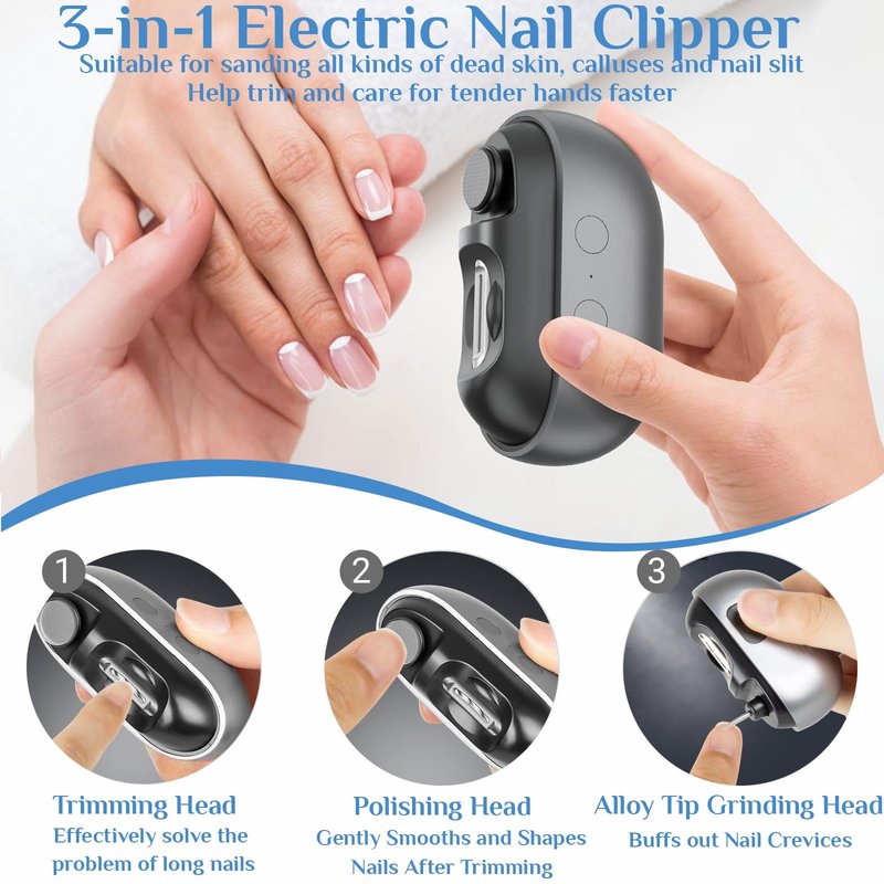 Electric Nail Clippers for Seniors, 2026 3 in 1 Easy Clip Electric Nail Clipper Multifunctional Electric Easy Clip Nail Clippers for Adults，Kids with Polishing and 2 Speeds (Grey)