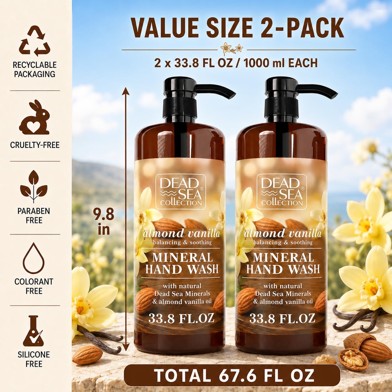 Dead Sea Collection Hand Soap Pump Hemp & Coconut Lime - Moisturizing Hand Wash with Dead Sea Minerals - Cleanses & Refreshes with Hemp - Coconut, Lime Oils, Pack of 2 (33.8 Fl Oz Each)