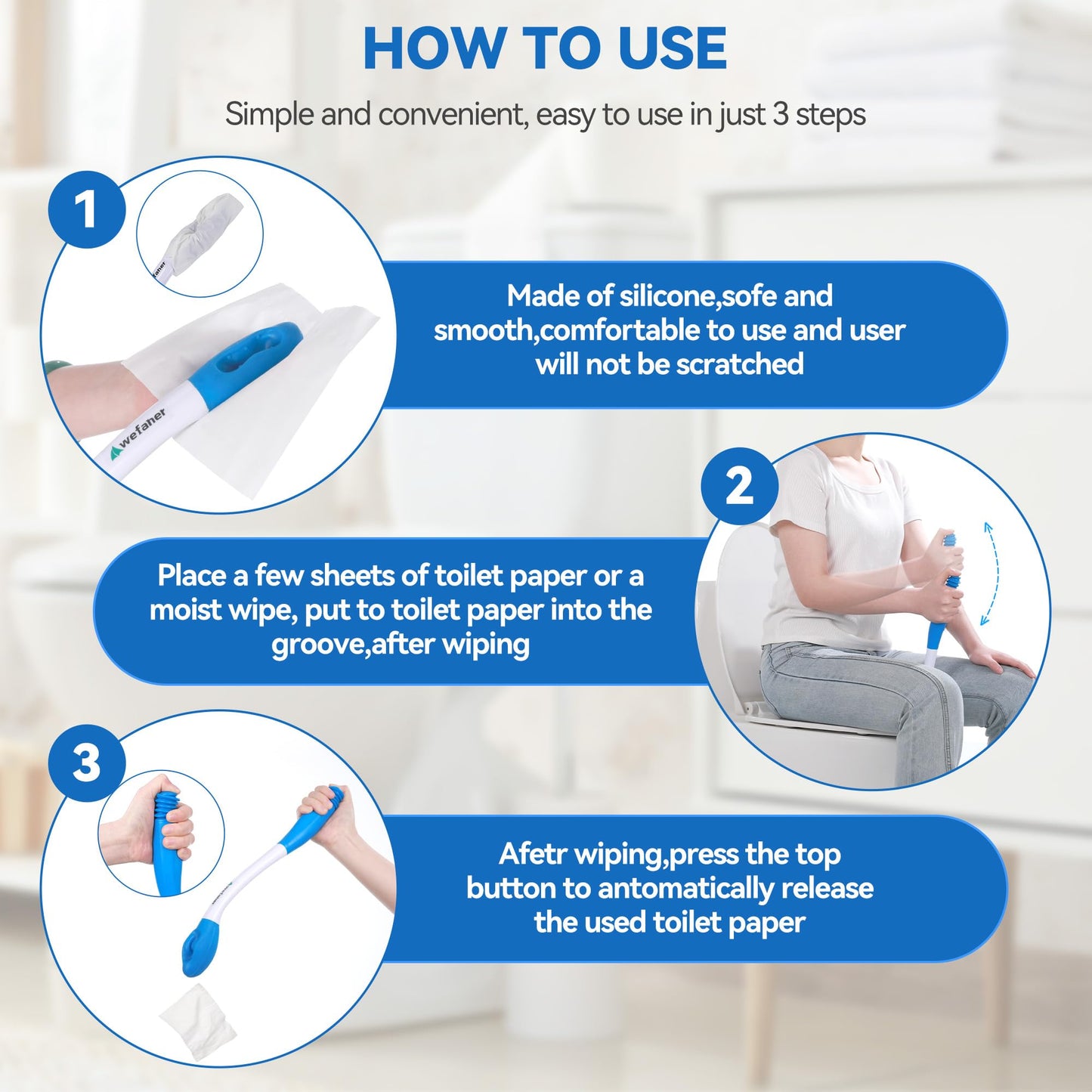 Wefaner Toilet Aids Set for Wiping - Long Handle Butt Wiper, Anti-Slip Curved Handle Bath Body Brush and Curve Hair Brush for People Overweight, Elderly and Disabled People（3PCS Personal Hygiene Kit)