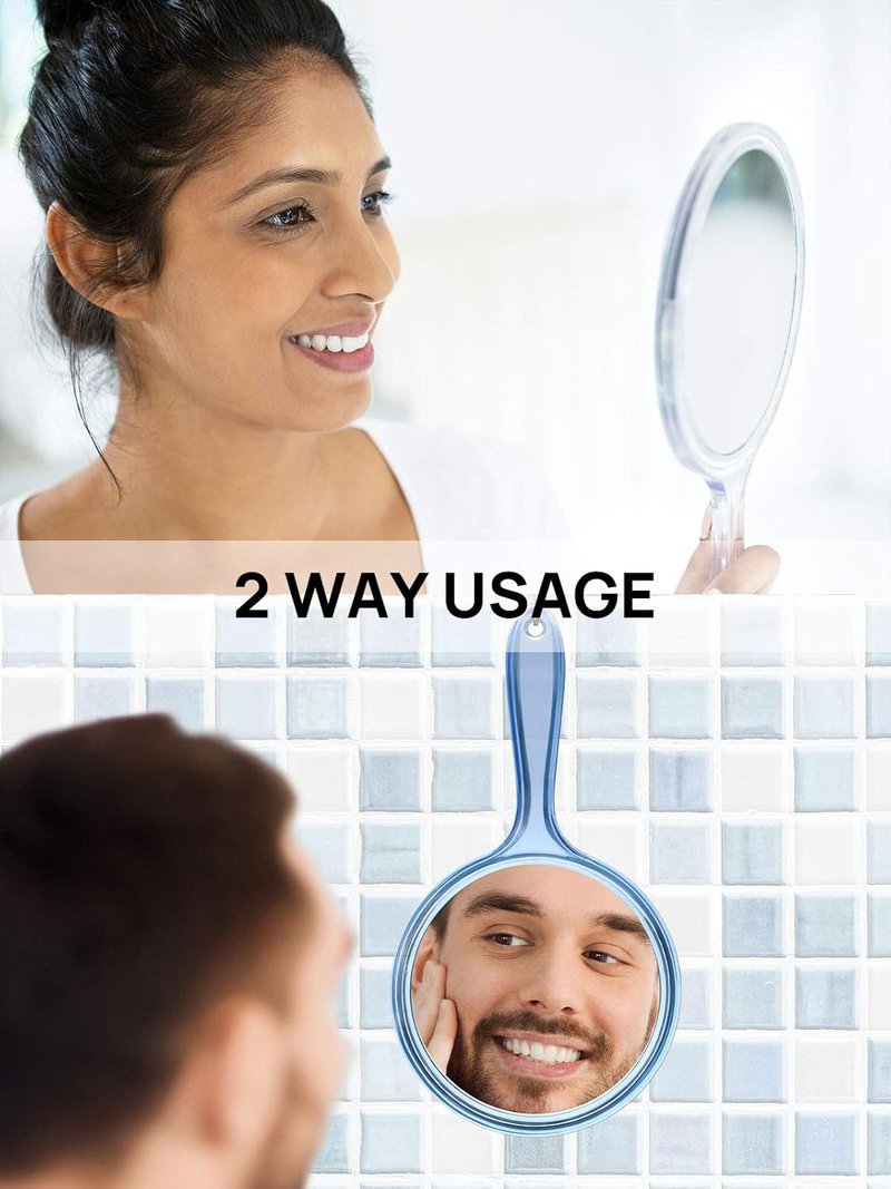 OMIRO Hand Mirror - Double-Sided 1X/3X Magnifying Handheld Mirror with Handle | Transparent Blue