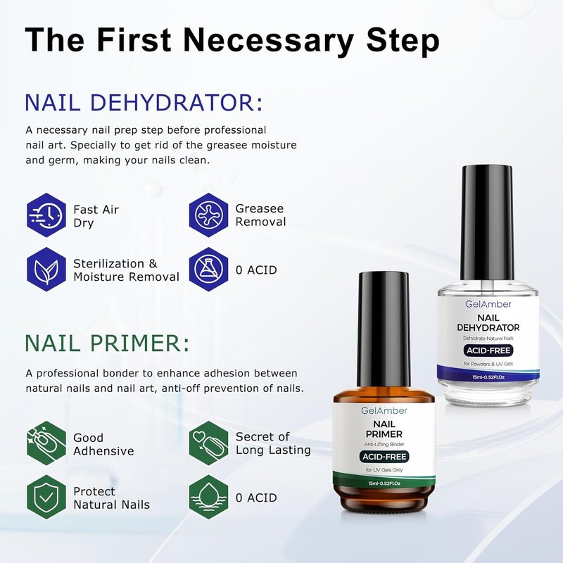 GELAMBER Nail Primer & Dehydrator Set - 4Pcs 15ml Gel Base & Top Coat | Acid-Free, Durable Finish for DIY Nail Salon
