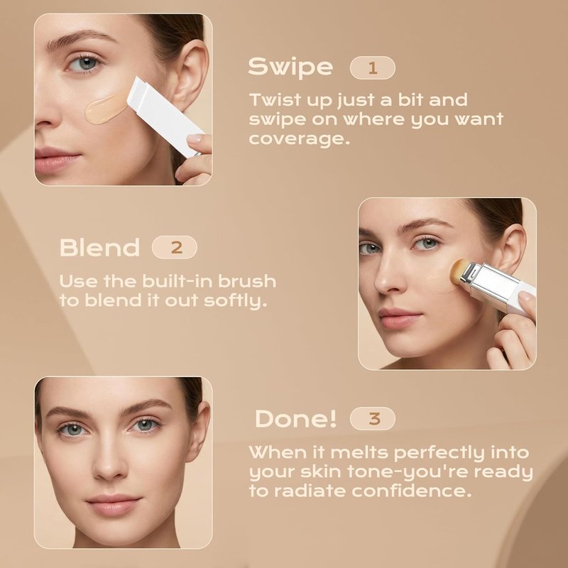 Color Changing Foundation Stick - Hydrating Concealer Base Makeup with Built-in Brush | Portable Natural Cream