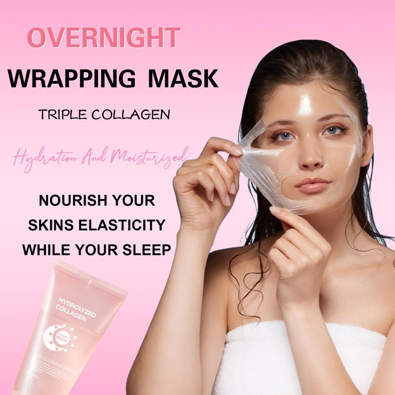 Josmon Collagen Night Wrapping Mask for Glowing Skin, Collagen Overnight Wrapping Peel Off Facial Mask for Elasticity Hydration, Reduce Sagging Dullness, 2.53 fl.oz, Pink(Brush Included)
