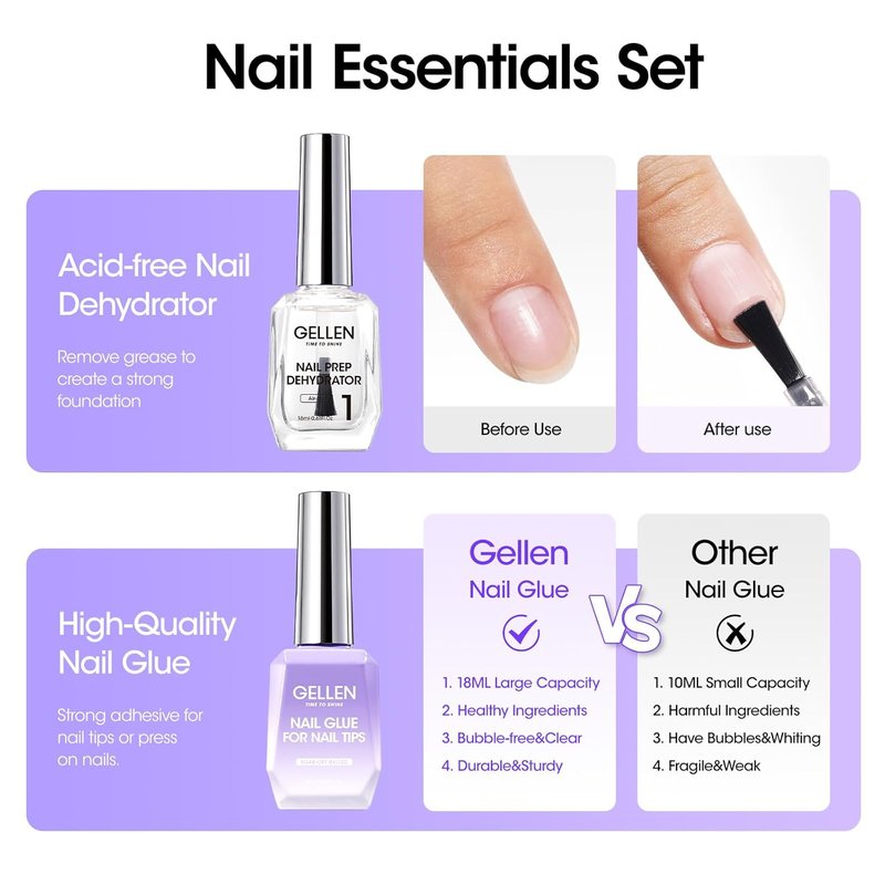 Gellen 18ML Nail Glue Gel - 4 in 1 Soak Off LED UV Adhesive for False & Acrylic Nails | Long-Lasting 28+ Days