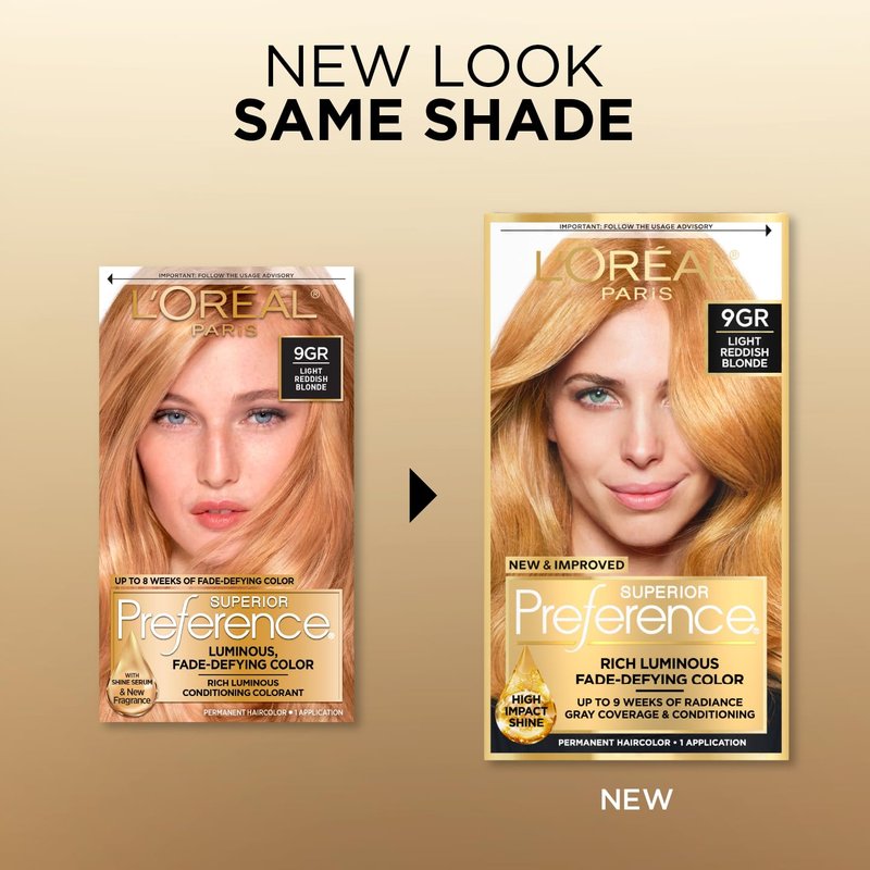 L'Oreal Paris Superior Preference Luminous Fade-Defying Permanent Hair Color, Hair Dye For Up to 9 Weeks of Radiance, Golden Reddish Blonde 9GR, 1 Hair Dye Kit