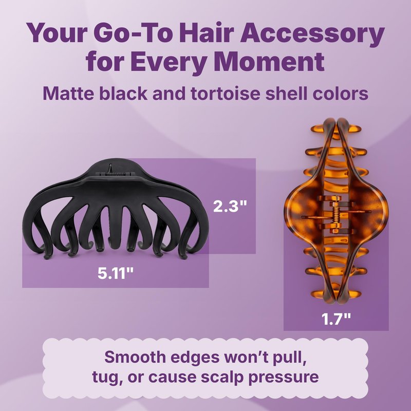 Goody SlideProof Large Hair Clips, Stylish, Secure Grip Octopus Claw Clips for Thick Hair, Styling Accessories for All Occasions & Longer Lengths, Gifts for Women & Girls, Black & Tortoiseshell, 2 Ct