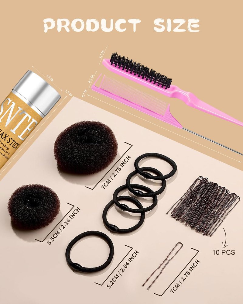 Hair Bun Maker for Kids & Women - Create Stylish Buns & Updos | 4 Black Donut Socks, Hair Wax Stick, Elastic Bands & Pins