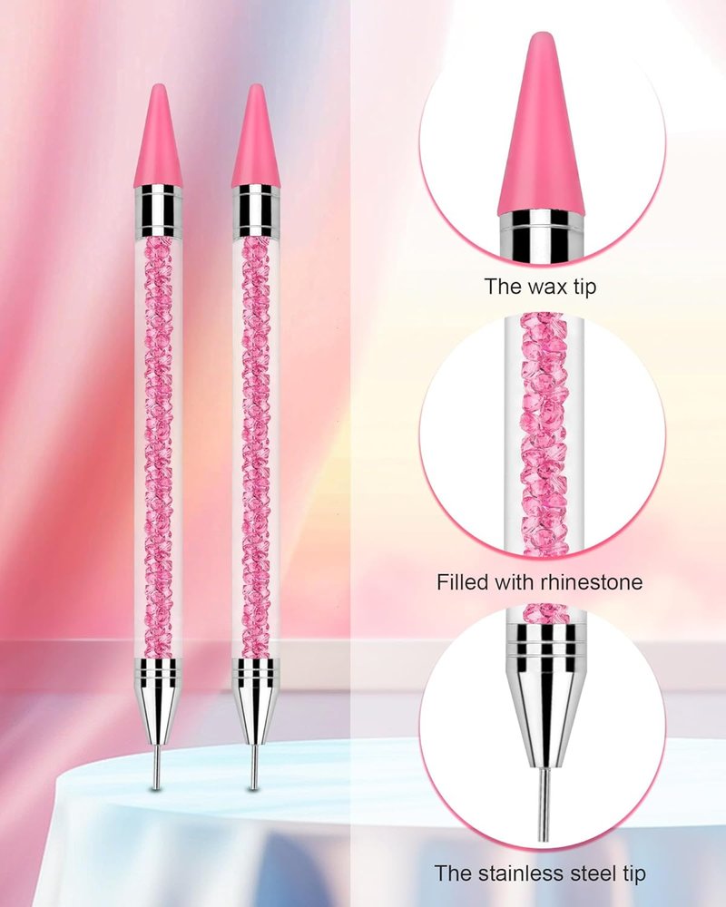 Rhinestone Picker Tool Set - Rhinestone Applicator with 4 Replaceable Wax Heads & 2 Tweezers | Pink