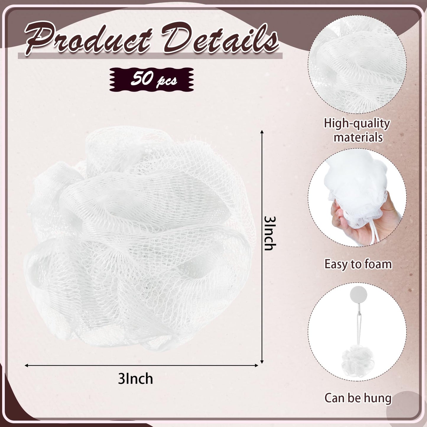 Suttmin 50 Pcs Loofah Sponge Bulk Mini Shower Sponge 3 Inch Loofahs Shower Pouf Mesh Showers Ball for Women Kids Men Exfoliating Bath Scrubber Travel Size Showers Gift(White)