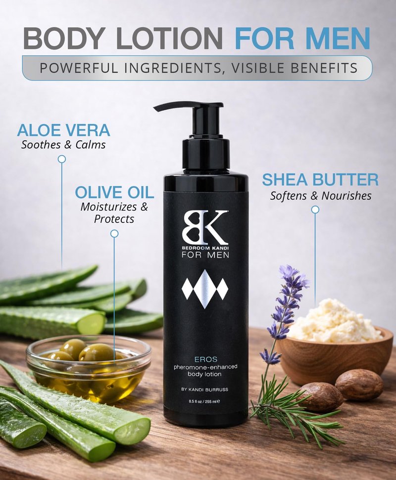 Bedroom Kandi Scented Body Lotion for Men - Pheromone Enhanced Moisturizing Formula with Aloe, Shea Butter & Essential Oils for Smooth Skin & All Day Freshness - Premium Scented Lotion - 8.5 Fl Oz