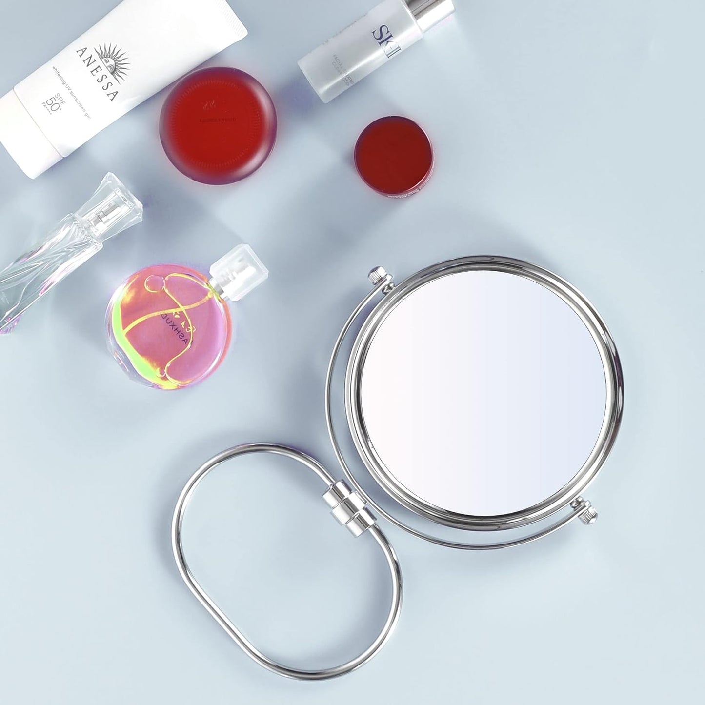 Skiennix Portable Folding Travel Makeup Mirror - 1X/10X Double-Sided 360° Swivel | Handheld & Wall Hanging with Travel Bag