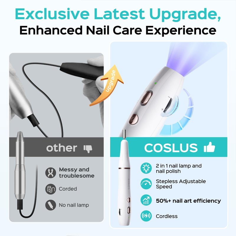 COSLUS Cordless Nail Drill Electric C41(END04): 2-in-1 Nail File with Flash Cure for Acrylic Gel Dip Powder Nails, Stepless Control for Beginner Home DIY, Portable & Professional Pedicure Kit