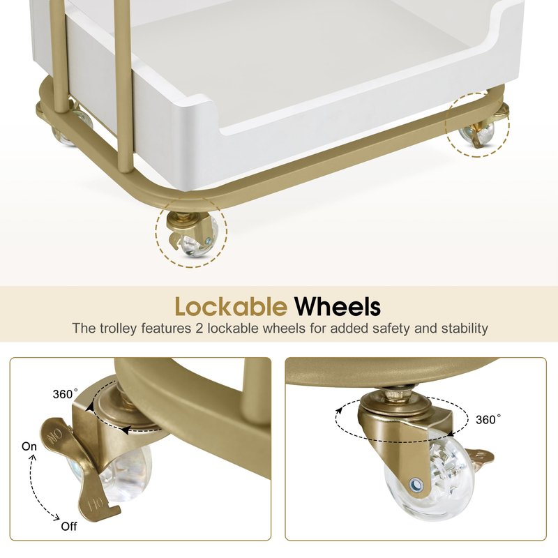 BarberPub Salon Trolley Cart with Lockable Wheels, Stylist Trolley with 3 Shelves, Salon Storage Cart for Beauty Shop, Barber Shop, Spa 2086 (White&Gold)