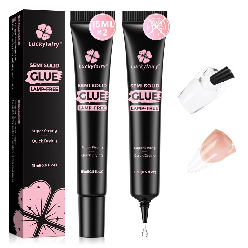 Luckyfairy Super Strong Nail Glue for Press Ons 15g (2pcs) : 4-in-1 Quick Air Dry, No Lamp Needed, Long Lasting, Semi Solid Soft Gel Nail Glue for Acrylic Nails Tips