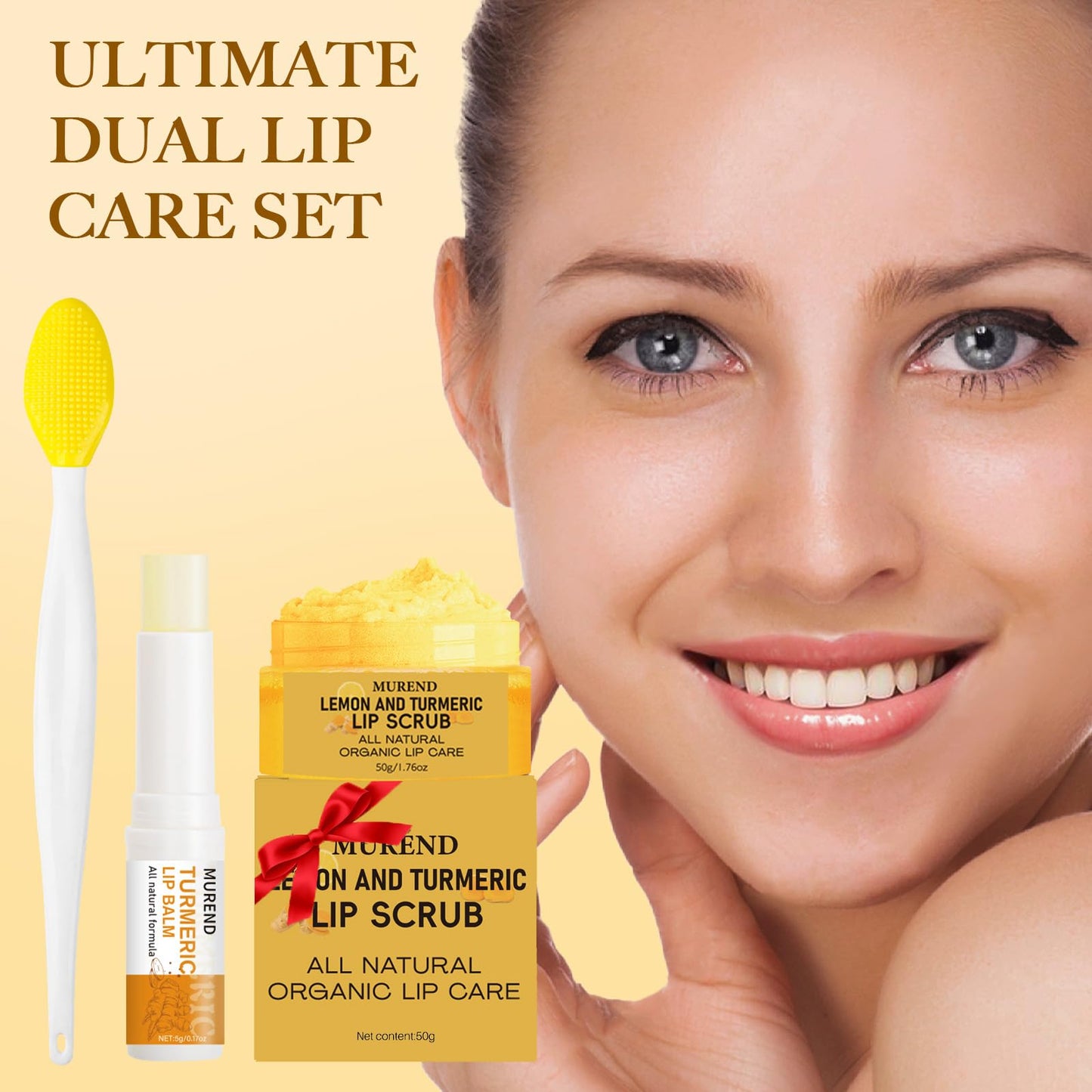 3PCS Turmeric Lemon Lip scrub and Turmeric Lip Balm with Brush Set, Lip Scrubber Exfoliator, Dark Lips Treatment for Smokers, Natural Exfoliator & Moisturizer Cracked, Dull, Reduce Fine Lines Lips