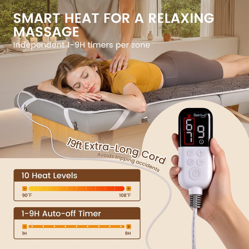 Bearhug Massage Table Warmer Heating Pad 30” x 71”, Dark Grey Sherpa Wool Dual-Zone Heating Pad with 1-9 Hours Timer & 10 Heating Levels, LED Controller, Machine Washable