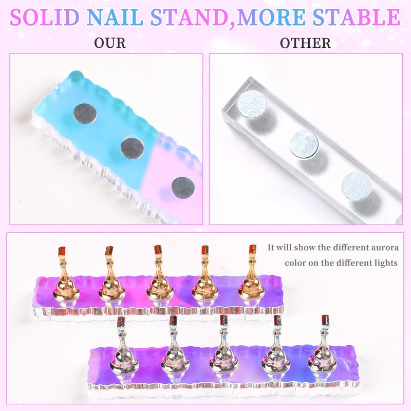 ANGNYA 2 Set Nail Stand, Aurora Nail Holder for Painting Nail Stand for Press on with 96 Pcs Removable Mounting Tapes Nail Display Stand Nail Hand Practice Magnetic Nail Art Tools for Homes and Salons