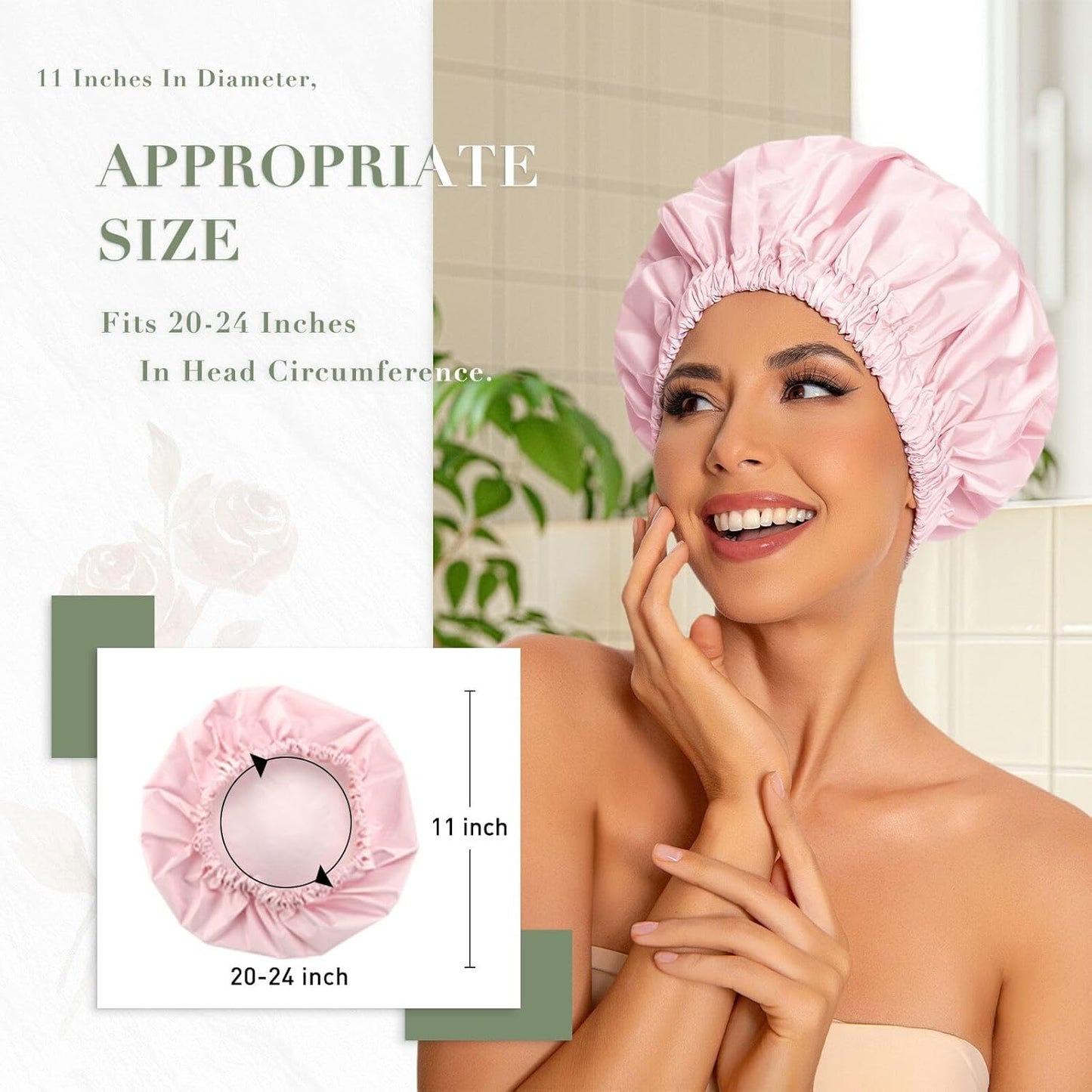 Skiennix Reusable Shower Cap - Large Waterproof Hair Bonnet with Elastic Band for Long, Curly Hair | Pink & Green