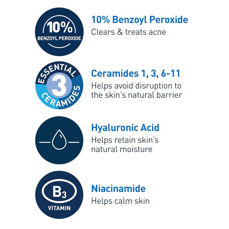 CeraVe Acne Foaming Cream Wash - Gentle Cleanser with 10% Benzoyl Peroxide & Hyaluronic Acid | 5 Oz