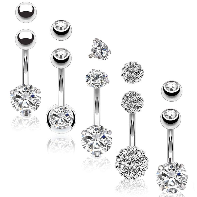 BodyJ4You 5PC Belly Button Rings Set - 14G - Surgical Stainless Steel - Shiny CZ Crystals - Clear Disco Ball - Replacement Extra Pack - Women Body Piercing Jewelry