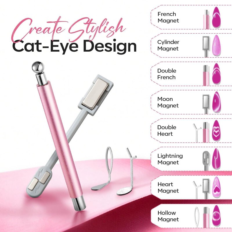 modelones Cat Eye Magnet Set, 6PCS 3-in-1 Dual-Head Nail Magnet Pen with Heart, Lightning & Sphere Shapes for Cateye Gel Polish, Side Light Wide Light Glass Glow Effects DIY Nail Art Tool(Magnet Only)