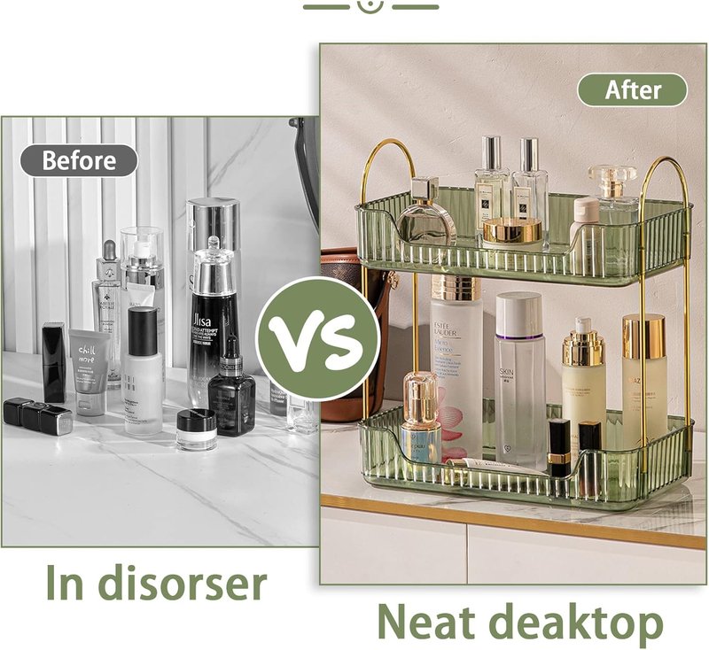 shuang qing Bathroom Counter Organizer Countertop Storage, Cosmetics Skincare Shelf, Makeup Organizer Perfume for Dresser Vanity Tray, Spice Rack for Kitchen(2 Tier-Green)
