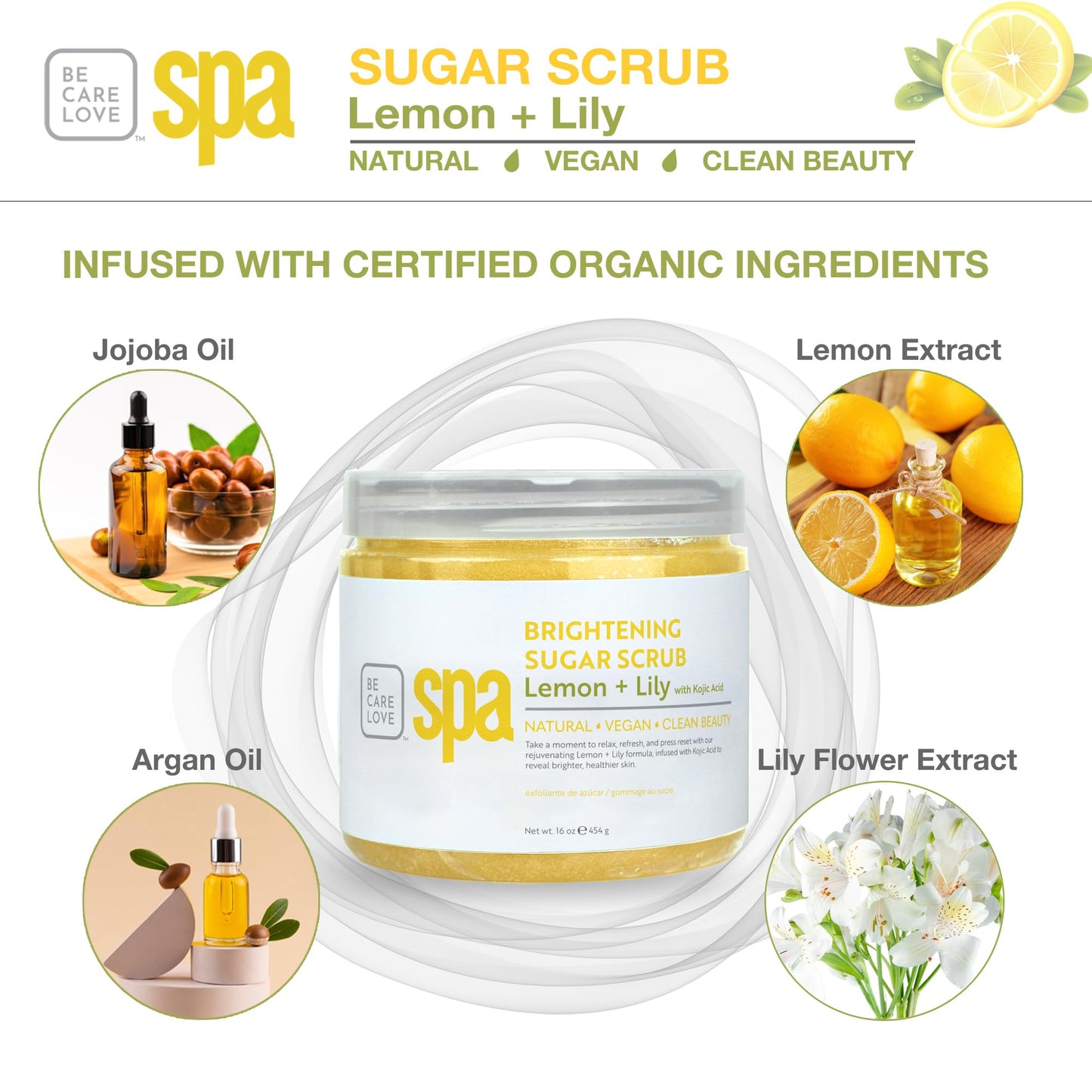 BCL Spa Lemon Lily Sugar Scrub - Professional Radiance-Boosting Body Scrub for Dull Skin, Self Care Body Exfoliator, Made in USA, 16 oz