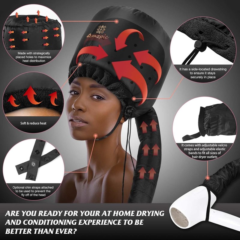 Bonnet Hood Hair Dryer Attachment - Integrated Headband for Faster Drying | Adjustable Black Design