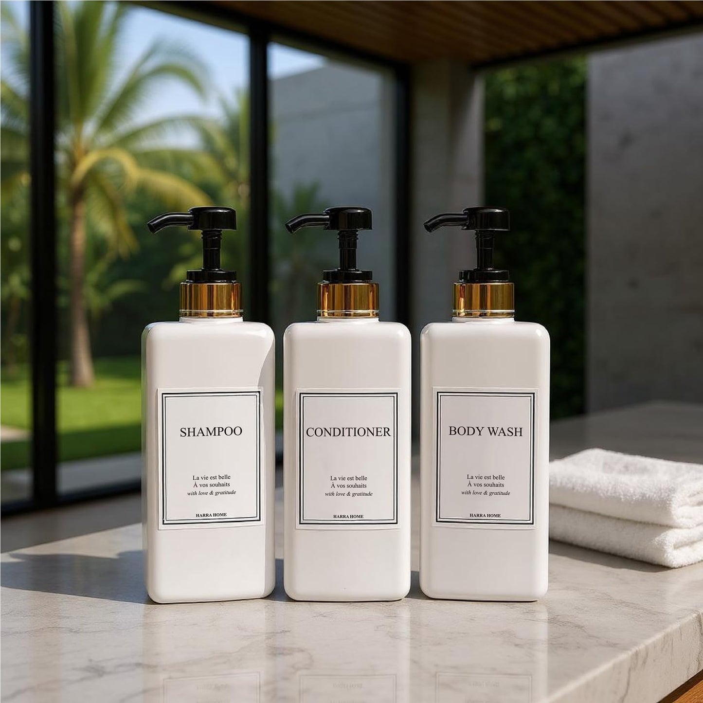 Modern Gold Design Shampoo and Conditioner Dispenser, Large 27oz Shower Soap Dispenser, Set of 3 Refillable Empty Plastic Pump Bottles for Bathroom and Body Wash (6 Waterproof Labels Included)