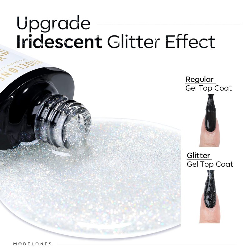 modelones Glitter Gel Top Coat, Reflective Iridescent Silver Mix Glitter Sparkle Clear Gel Polish No Wipe Glossy Confetti Sparkly Long Lasting Rainbow Shimmer Soak Off Nail Art Manicure Gift