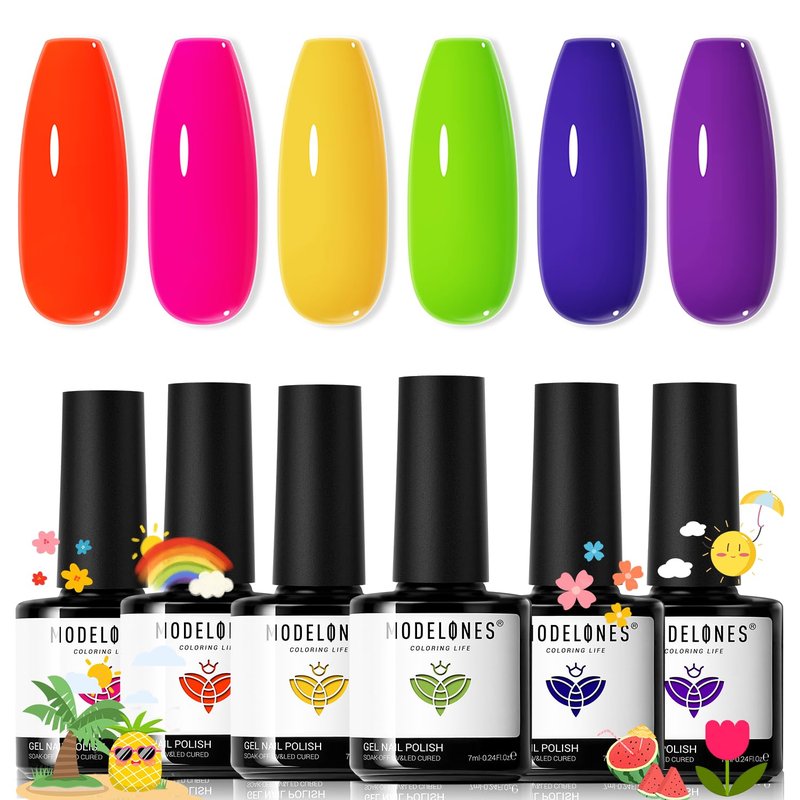 modelones Neon Gel Nail Polish Set, 6 Colors Summer LGBT Neon Bright Hot Pink Green Navy Blue Purple Orange Yellow Nail Gel Kit Soak Off Nail Art Design Manicure DIY at Home Salon Gift Unisex